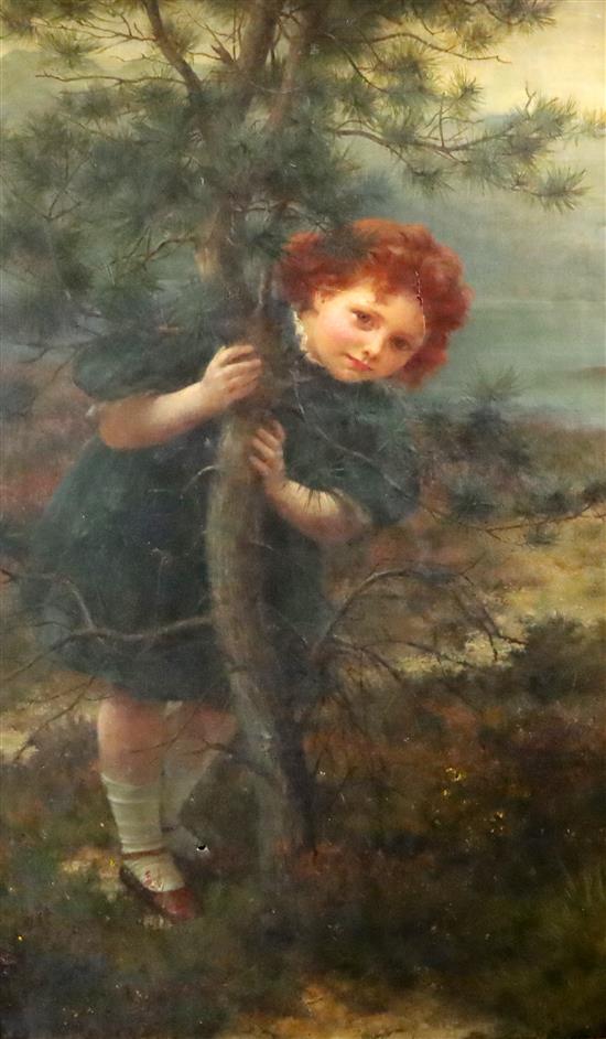 Louisa Starr-Canzigni (1845-1909) Portrait of a Scottish? girl beside a pine tree 46 x 28in.